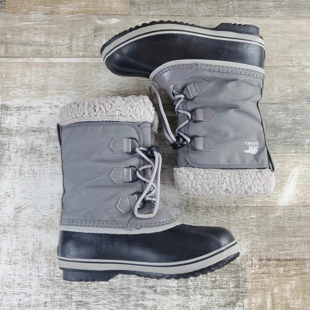Sorel Yoot Pac Kids Snow Boots Sz 5 Quarry Dove Black Leather Lace Up Round Toe
